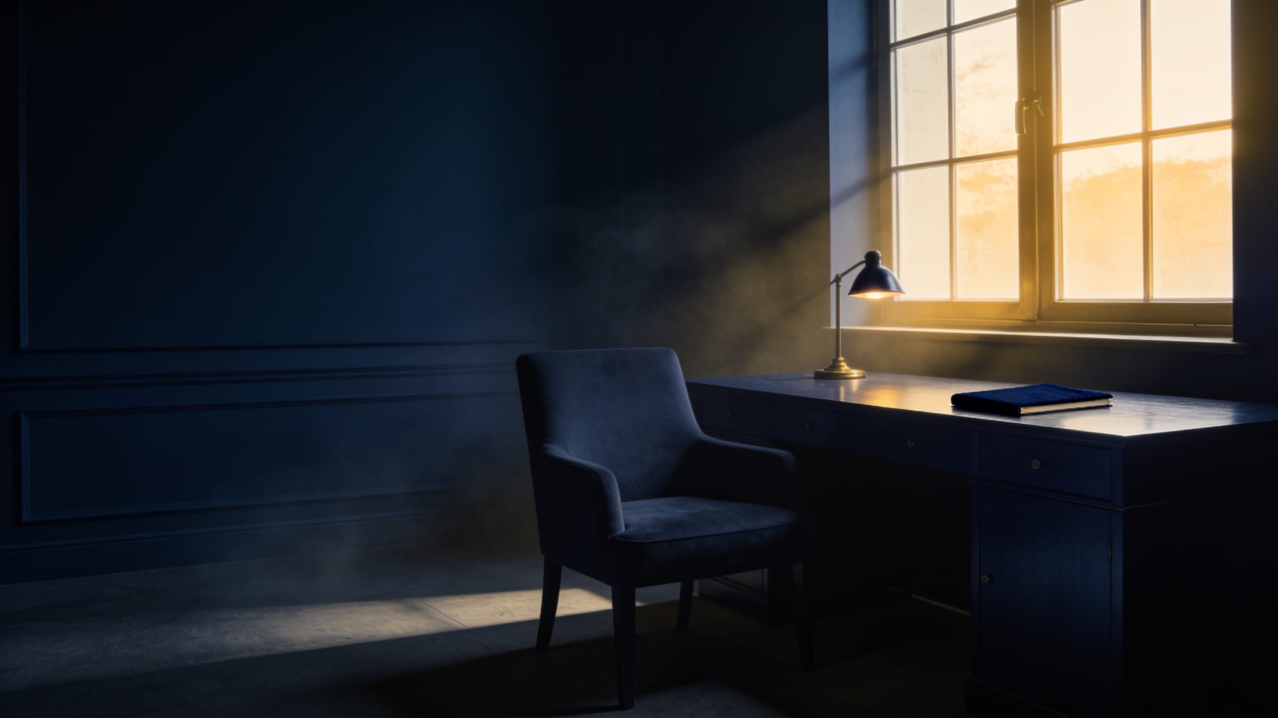 A quiet study with an empty armchair and a desk by a sunlit window