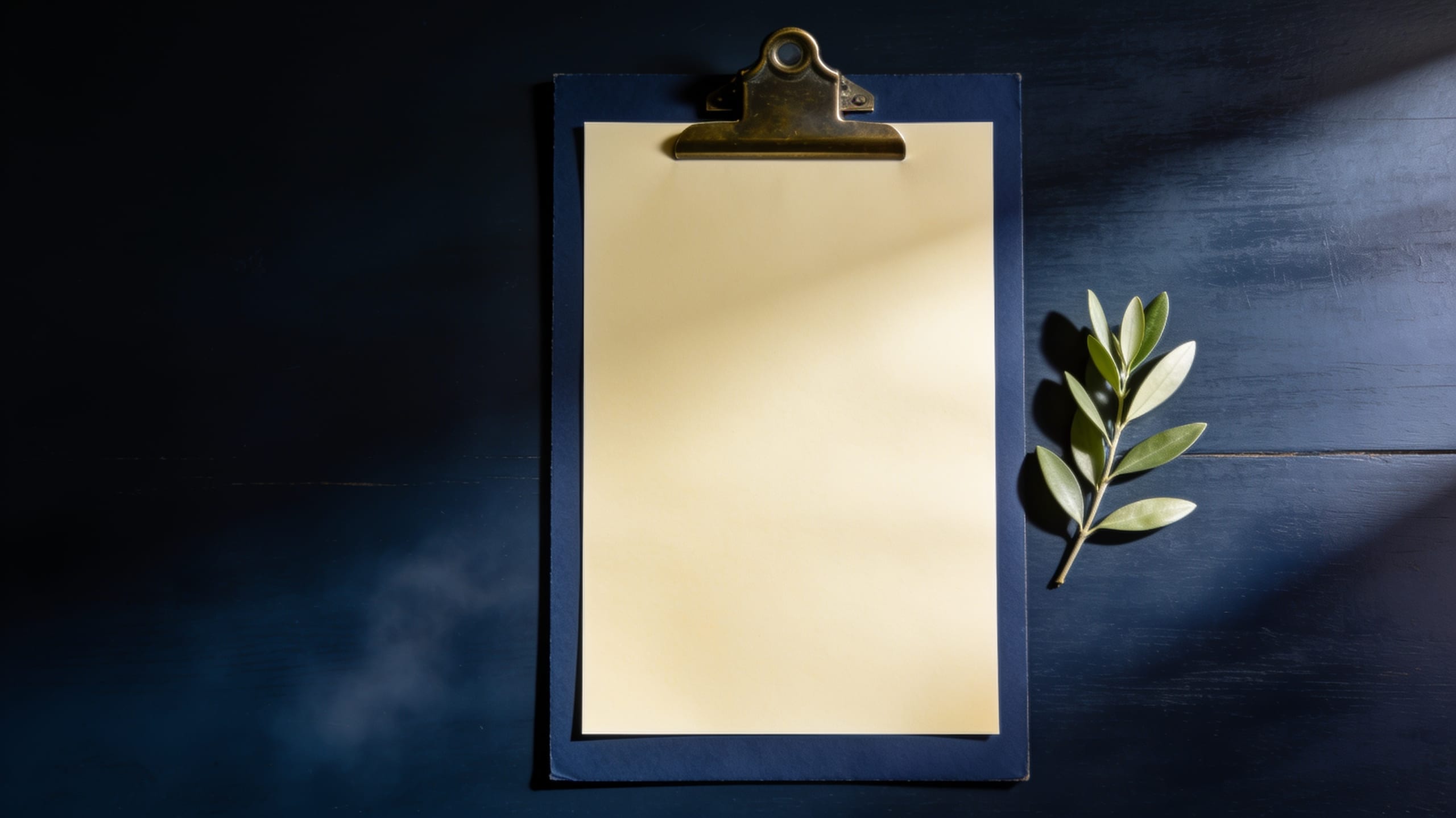 A blank sheet clipped to a navy board beside a sprig of olive leaves