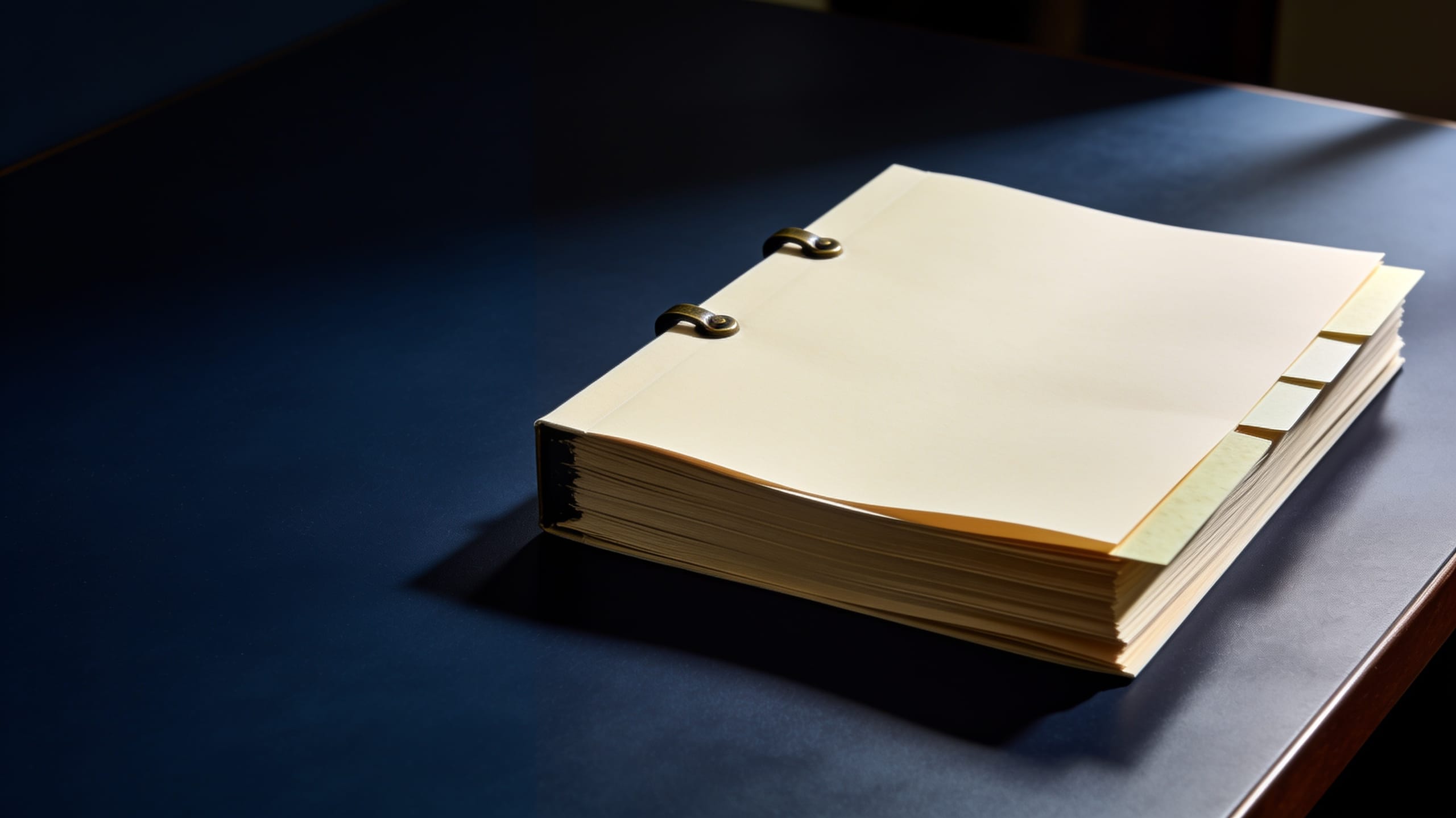 A thick bound stack of blank paper on a dark desk