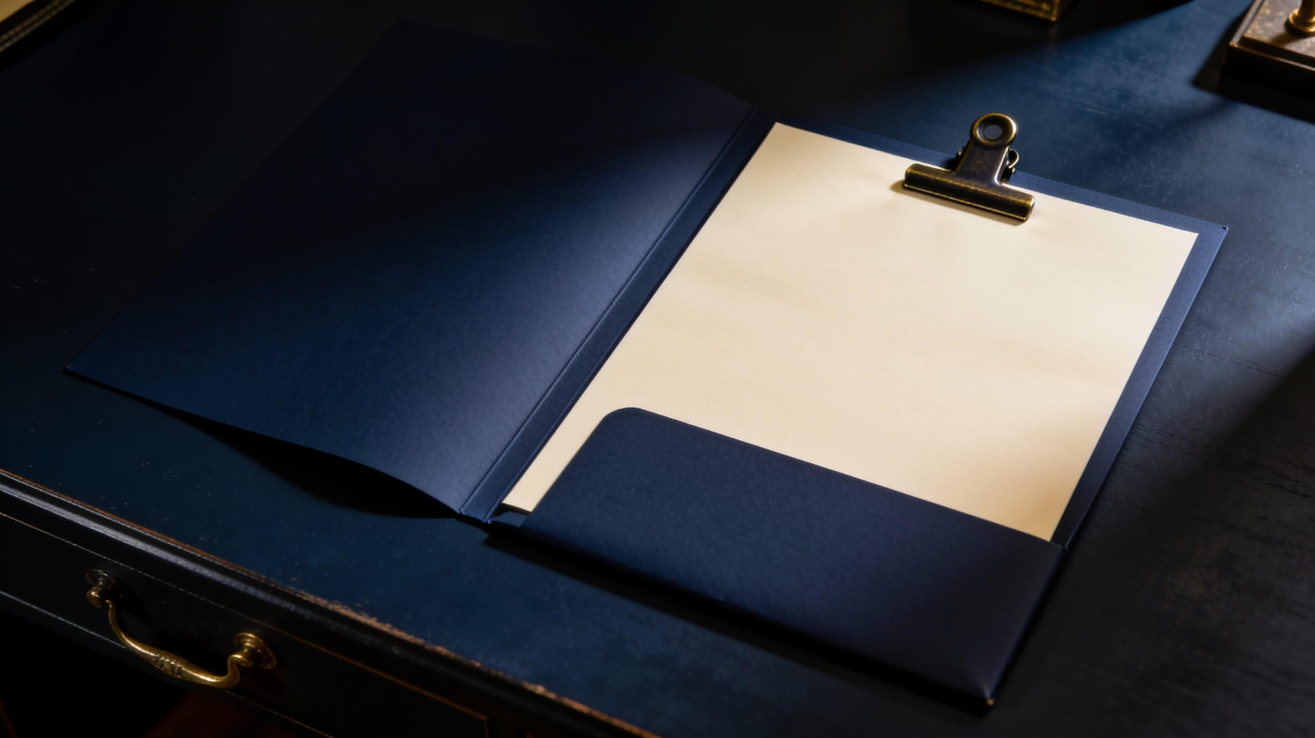 An open navy folder holding a blank sheet on a dark desk
