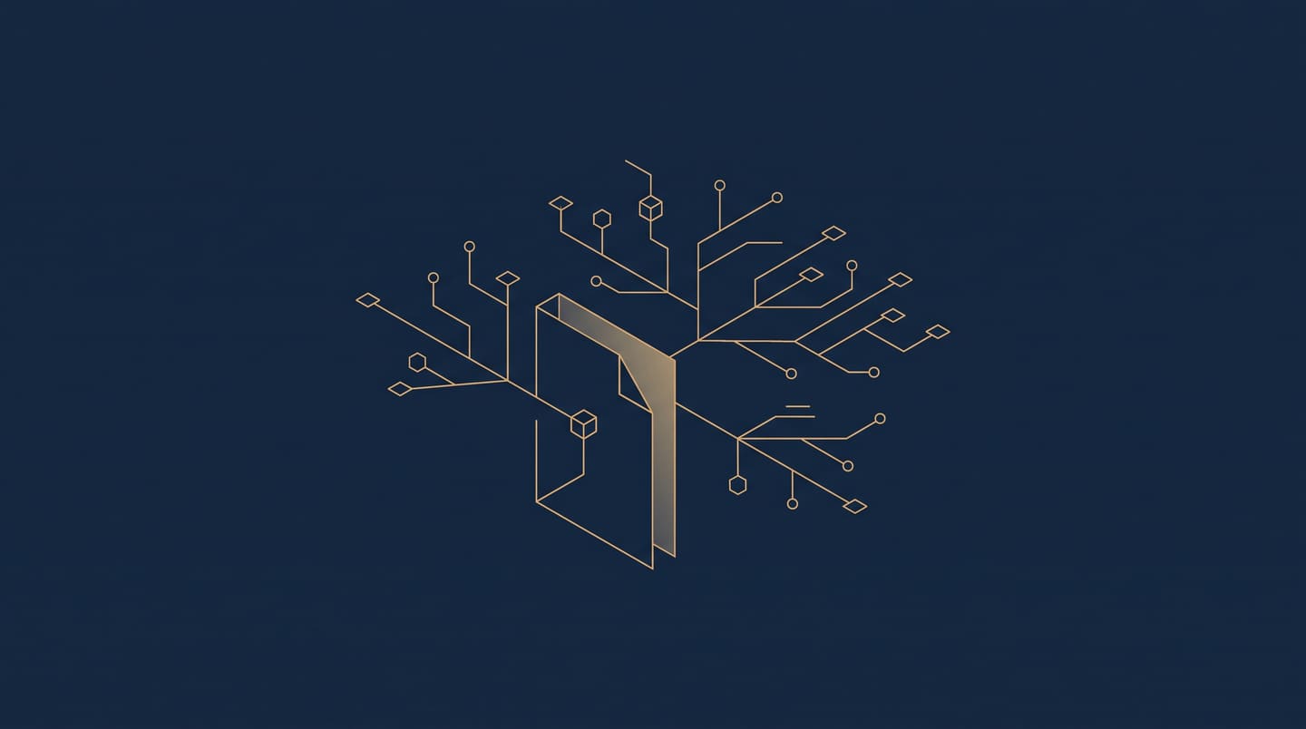 A line drawing of a document whose edge branches into connected paths